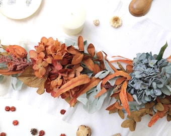 Fall Hydrangea Garland | Handmade Artificial Blue and Rust Autumn Mantel Decor, Thanksgiving Table Runner Centerpiece, Modern Farmhouse