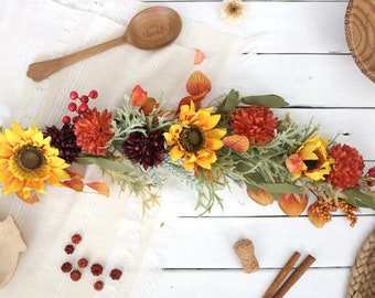 Fall Sunflower Mum Garland | Handmade Faux Floral Table Decoration, Autumn Mantle Decor, Rustic Wedding Arch Backdrop