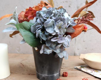 Rustic Fall Hydrangea Arrangement | Dusty Blue & Terracotta Autumn Faux Floral Centerpiece, Farmhouse Table Decor
