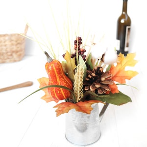 Fall Harvest Small Arrangement | Artificial Autumn Decor Galvanized Pitcher with Pumpkin Pinecone Farmhouse Cozy Tabletop Desk Decoration