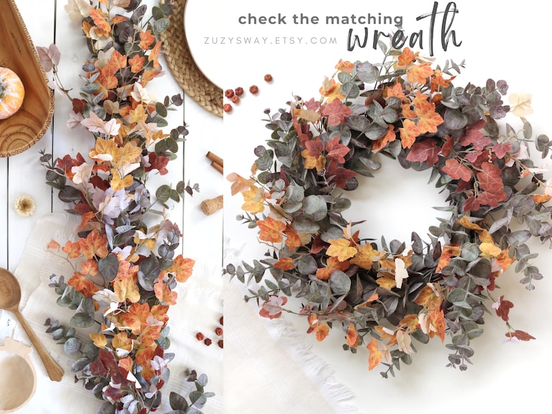Pode incluir: Uma guirlanda decorativa de outono e uma coroa circular com uma mistura de folhas de bordo laranja, amarelas e vermelhas combinadas com folhagem de eucalipto verde suave. A imagem inclui o texto: check the matching wreath ZUZYSWAY.ETSY.COM.