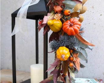 Autumn Pumpkin Lantern Swag, Rustic Fall Tie-On for Front Porch Decor, Cozy Thanksgiving Centerpiece, Wreath Attachment