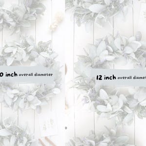 May include: Wreaths with a light green and purple floral design. One wreath is labeled as 10 inches in diameter, and another is labeled as 12 inches in diameter. The wreaths are displayed on a white background.