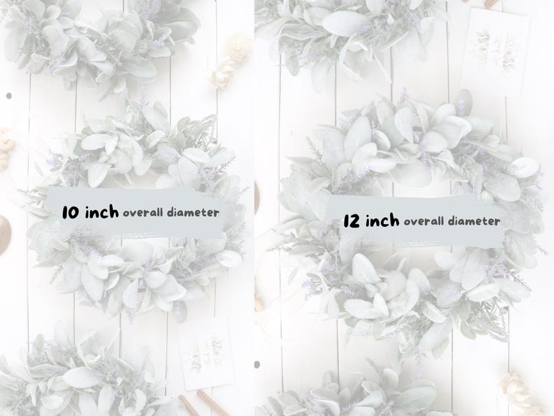 May include: Wreaths with a light green and purple floral design. One wreath is labeled as 10 inches in diameter, and another is labeled as 12 inches in diameter. The wreaths are displayed on a white background.
