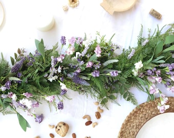 Purple Wildflower Garland | Handmade Boho Wedding Table Runner, Faux Lavender Greenery Floral Centerpiece, Garden Party Decor