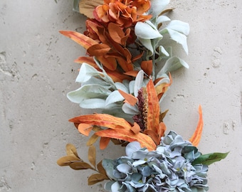 Fall Garland Dusty Blue Hydrangea & Terracotta Florals | Rustic Autumn Table Runner, Artificial Arch Decor for Bridal Showers, Parties
