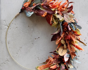 Modern Fall Hoop Wreath, Handmade Minimalist Autumn Front Door Decor Hanger