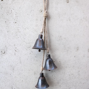 Rustic Hanging Metal Cow Bells on Jute Rope: Set of 3 Weathered Iron Primitive Bells, Farmhouse Wall Decor, Zen Wind Chime, Wabi Sabi Home