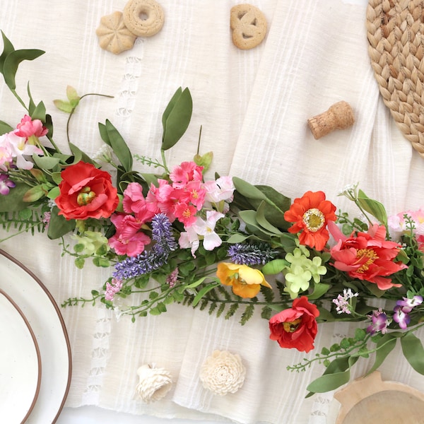 Summer Wildflower Garland: Artificial Wild Flower Table Decoration Birthday Party Floral Centerpiece Boho Wedding Decor Pink Coral Purple