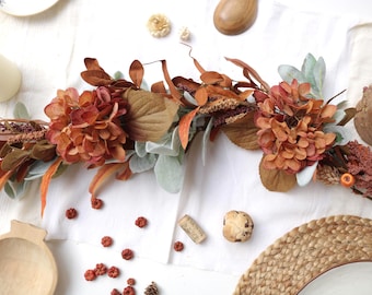Fall Hydrangeas Garland for Mantel | Handmade Artificial Rustic Terracotta Table Runner,  Floral Autumn Mantel Decor