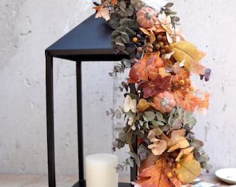 Fall Lantern Swag with Pumpkins and Eucalyptus, Handcrafted Modern Farmhouse Autumn Decor (LANTERN NOT INCLUDED)