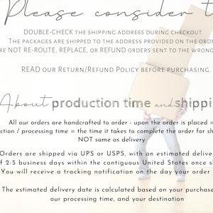 Pode incluir: Um gr&aacute;fico informativo branco com setas cinzentas e texto preto. O texto diz: Please consider to: DOUBLE-CHECK THE SHIPPING ADDRESS DURING CHECKOUT. READ our Return/Refund Policy BEFORE PURCHASING. About production time and shipping: