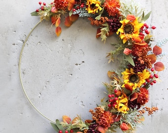 Modern Fall Hoop Wreath with Sunflowers & Mums, Handmade Thanksgiving Floral Door Decor