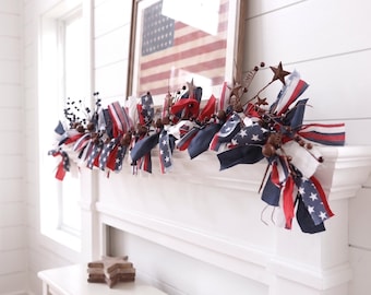 Fourth of July Garland: Handmade Patriotic Fabric Banner with Rustic Primitive Jingle Bells and Metal Stars, Mantel Americana Decor