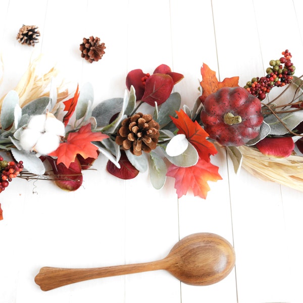 Thanksgiving Garland Pumpkins Lamb's Ear Eucalyptus Natural Cotton Bolls Pinecones | Handmade Mantel Decor Table Runner Country Fireplace