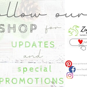 May include: A promotional graphic featuring the text Follow our SHOP for UPDATES and special PROMOTIONS. It includes the Zuzy's Way handcrafts & home decor logo, a Follow shop button with a red heart icon, and social media links for Pinterest, Facebook, and Instagram.