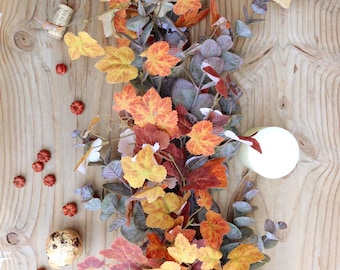 Handmade Fall Garland Decor | Minimalist Modern Farmhouse Maple & Eucalyptus Table Centerpiece, Autumn Mantel Decoration