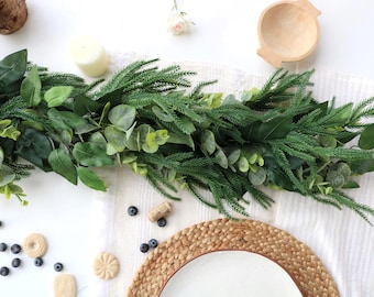 Mixed Greenery Garland | Handcrafted Faux Eucalyptus Pine Table Runner, Wedding Centerpiece, Rustic Farmhouse Mantle Decor