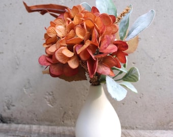 Rustic Fall Hydrangea Bud Vase | Burnt Orange Autumn Small Floral Arrangement with Lambs Ear, Modern Farmhouse Shelf Decor