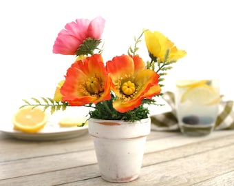Artificial Poppy Flowers in Whitewashed Pot, Summer Tiered Tray Decor, Farmhouse Kitchen Refresh