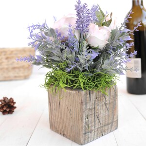 Roses Lavender Country Rustic Arrangement Handmade Wooden Planter Table Decor Faux Flowers Kitchen Self Gift Bouquet Backyard Wedding image 3