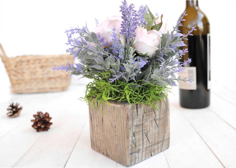 Roses Lavender Country Rustic Arrangement Handmade Wooden Planter Table Decor Faux Flowers Kitchen Self Gift Bouquet Backyard Wedding image 3