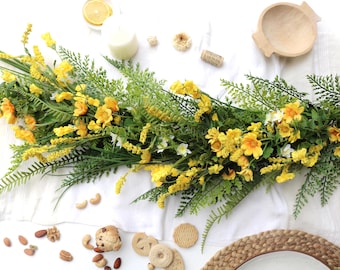 Yellow Wildflower Garland: Handmade Artificial Summer Floral Table Runner, Meadow Garden Tea Party, Birthday Decor, Boho Wedding