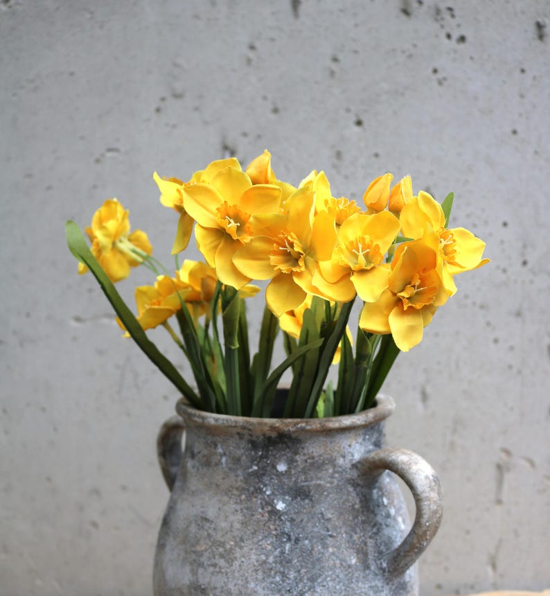 Peut inclure: Un bouquet de jonquilles jaune vif avec des tiges et des feuilles vertes dans un vase en c&eacute;ramique gris rustique. Les fleurs sont en pleine floraison, mettant en valeur leur couleur vibrante et les d&eacute;tails de leurs p&eacute;tales. Le vase a deux anses.