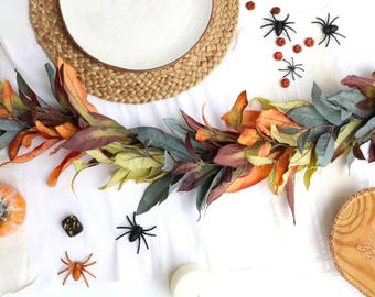 Rustic Autumn Garland | Muted Fall Foliage Table Runner for Thanksgiving & Halloween, Warm Farmhouse Holiday Mantel Decor