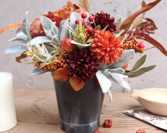 Rustic Fall Floral Arrangement in Distressed Metal Bucket | Autumn Table Centerpiece with Burgundy Mums & Lambs Ear