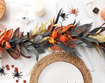 Gothic Halloween Garland | Black & Orange Spooky Eucalyptus Sophisticated Table Runner, Fall Mantel Decor