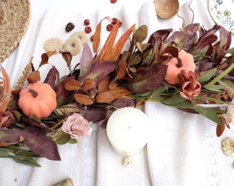 Rustic Fall Foliage Garland with Pumpkins, Handmade Autumn Table Floral Runner & Thanksgiving Mantle Centerpiece