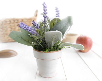 Artificial Lavender Lambs Ear in Rustic White Mini Pot,  Small Farmhouse Table Decor, Faux Plant for Spring Home Refresh, Tiered Tray