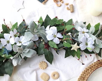 Summer Garland | Handmade Patriotic Rustic Americana Mantel Decor, White Dogwood Lambs Ear Table Centerpiece