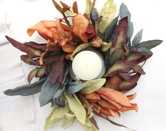 Small Fall Wreath, Handcrafted 6" Autumn Foliage Candle Ring, Cozy Thanksgiving Table Decor & Hostess Gift