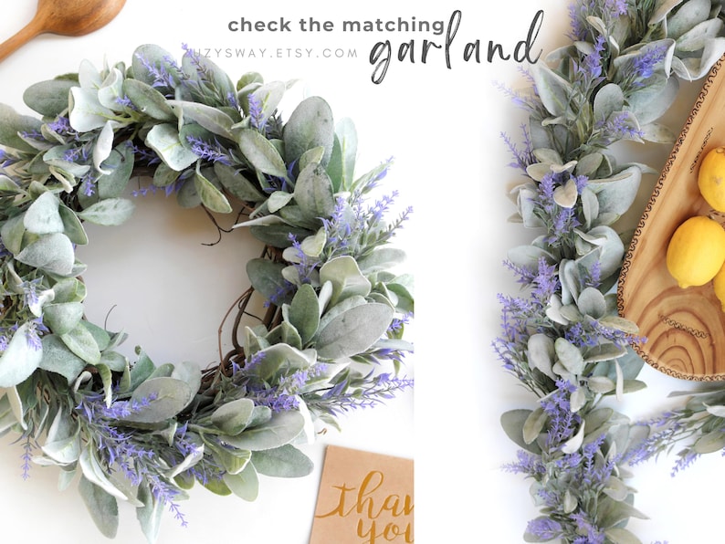 May include: A decorative wreath and garland featuring faux lavender and silvery-green leaves. The wreath is circular, and the garland is linear. The image includes the text "check the matching garland" and "SUZYSWAY.ETSY.COM".