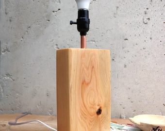 Minimalist Wooden Table Lamp | Industrial Rustic Desk Lamp with Copper Detail, Bedside Light, Modern Farmhouse Decor