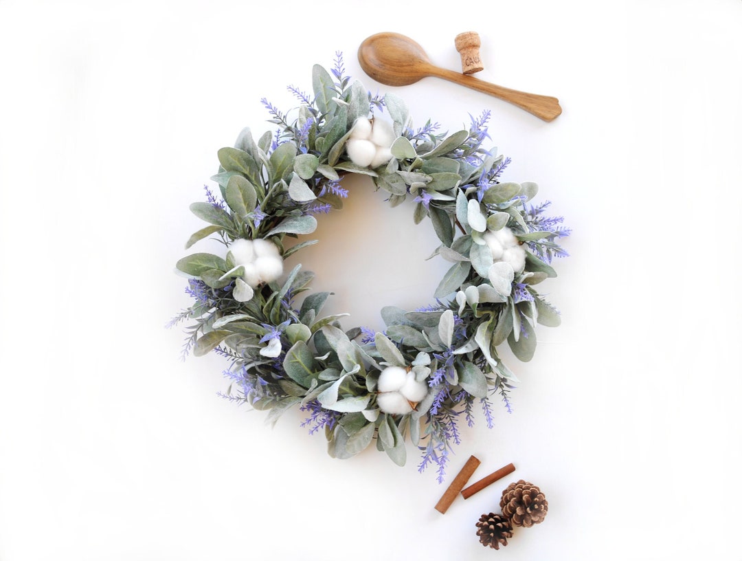 Lambs Ear Wreath Farmhouse Handmade Wreath Grapevine Lamb Ear Lavender Natural Cotton Bolls