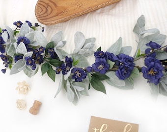 Summer Flower Garland | Handmade Lambs Ear Navy Blue Cherry Blossom Mantle Decoration Farmhouse Boho Year Round Wedding Table Decor July 4th