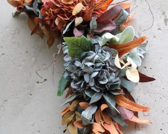 Fall Mantel Decor Blue & Copper Hydrangea Garland | Autumn Fireplace Floral Arrangement, Handcrafted Thanksgiving Floral Accent