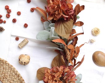 Fall Garland for Mantel | Handmade Artificial Rustic Hydrangeas Terracotta Table Runner,  Floral Autumn Decor