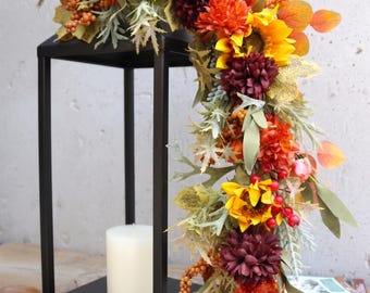 Fall Sunflower Lantern Swag, Handmade Autumn Burgundy Harvest Porch Decor (LANTERN NOT INCLUDED)