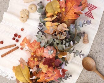 Handcrafted Autumn Garland, Rustic Muted Eucalyptus, Maple Foliage, Faux Pumpkins, Boho Mantle Decor