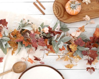 Fall Garland for Mantle | Handmade Faux Maple Leaf Table Centerpiece, Rustic Autumn Decor, Thanksgiving Home Decoration