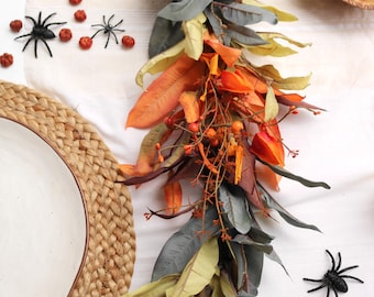 Moody Autumn Foliage Garland | Orange & Burgundy Fall Table Runner for Halloween, Thanksgiving Rustic Harvest Centerpiece