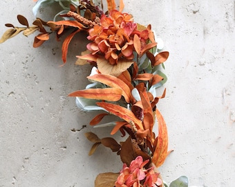 Handcrafted Fall Hydrangea Garland | Faux Terracotta Rustic Arch Swag for Autumn Weddings, Bridal Showers, Birthday Gatherings