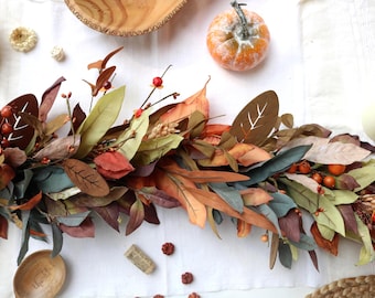 Fall Garland with Berries & Lanterns | Handmade Thanksgiving Table Centerpiece, Rustic Autumn Mantel Decor, Faux Foliage Runner
