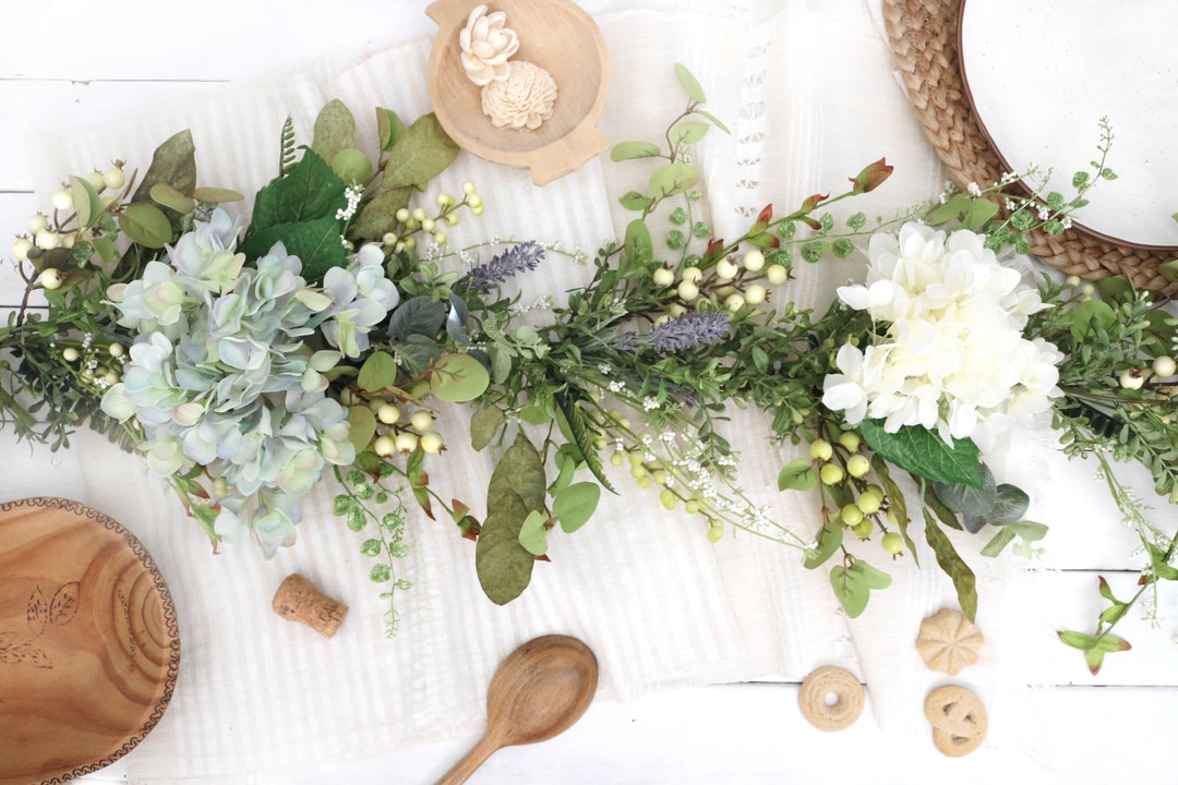 Summer Garland for Mantel | Hydrangea Flower Garland Table Centerpiece ...