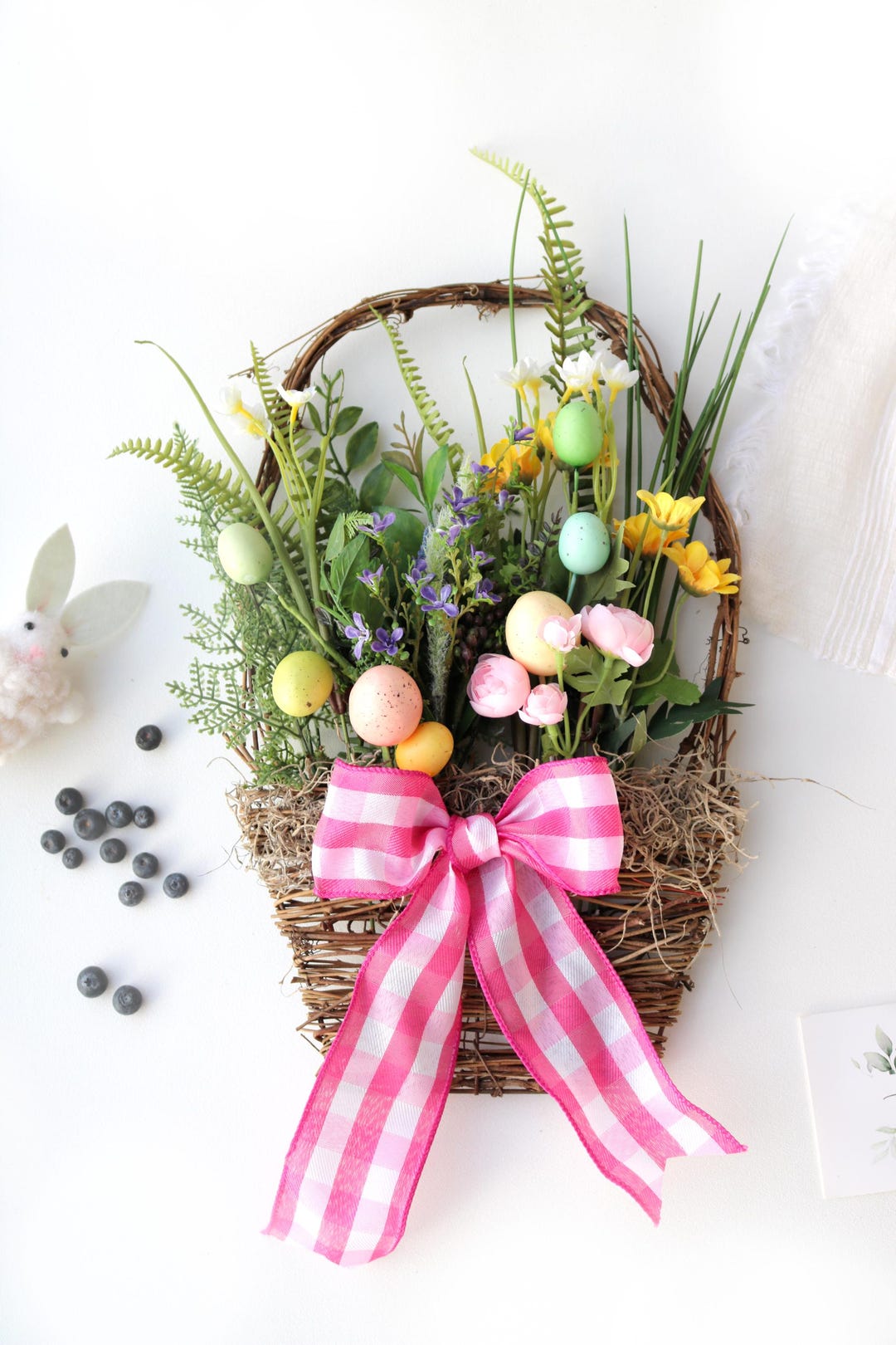 Easter Basket Wreath: Spring Door Small Flat Basket With Pink Gingham ...