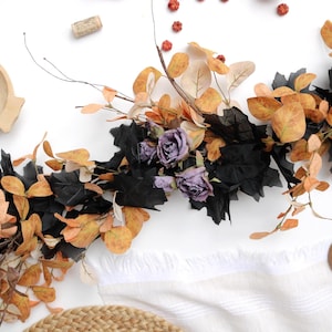 Halloween Garland | Artificial Handmade Halloween Mantel Decoration Rustic Table Runner Display Purple Roses Decor Black and Orange Wedding